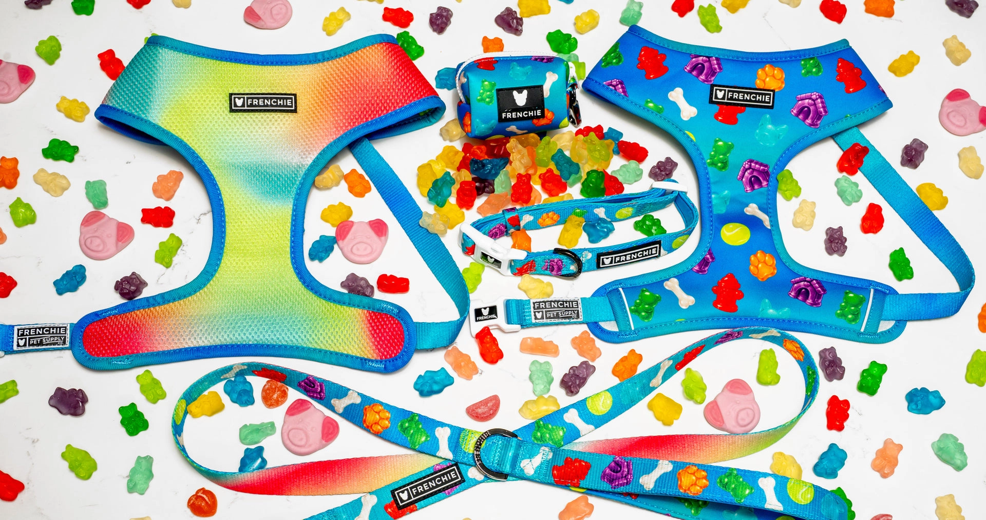 Gummies print harnesses, leash and bag on a field of gummy bears
